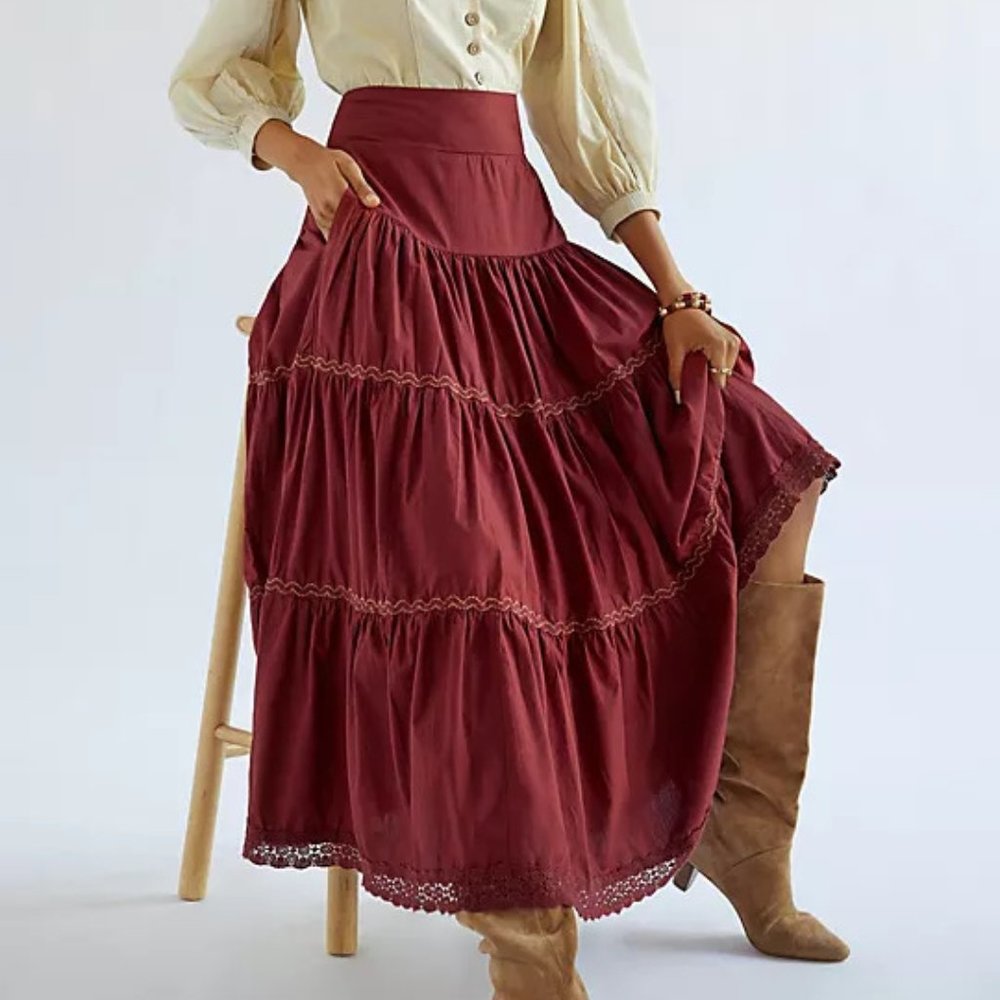 New Anthropologie Tiered Lace Maxi Skirt $130 PLUS 1X Red